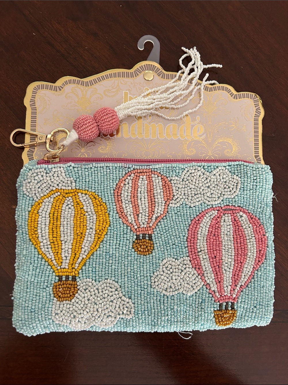 Beaded Hot Air Balloon Coin Purse in Aqua, White & Gold